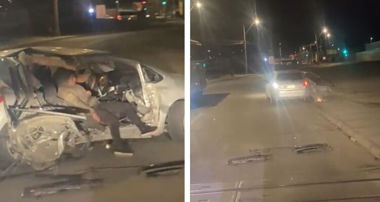 Un auto casi destruido se da a la fuga luego de aparentemente chocar con un tren en Calama