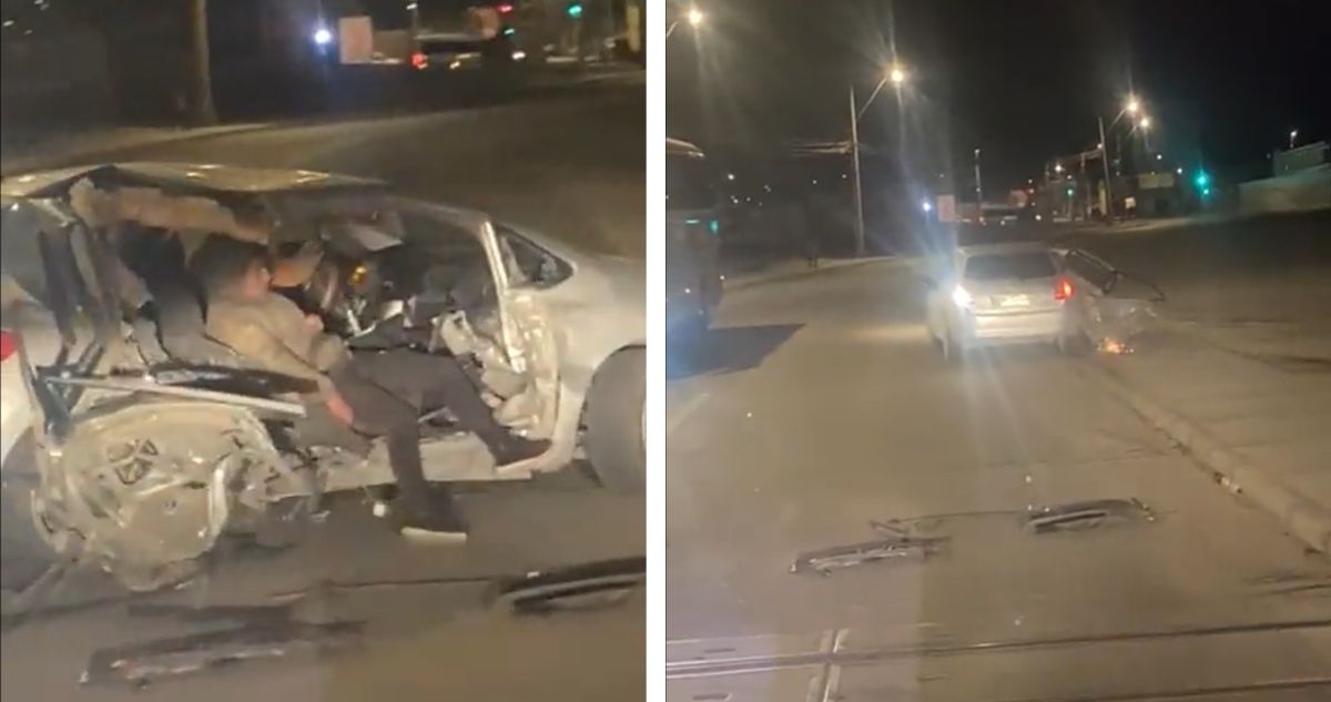 Un auto casi destruido se da a la fuga luego de aparentemente chocar con un tren en Calama