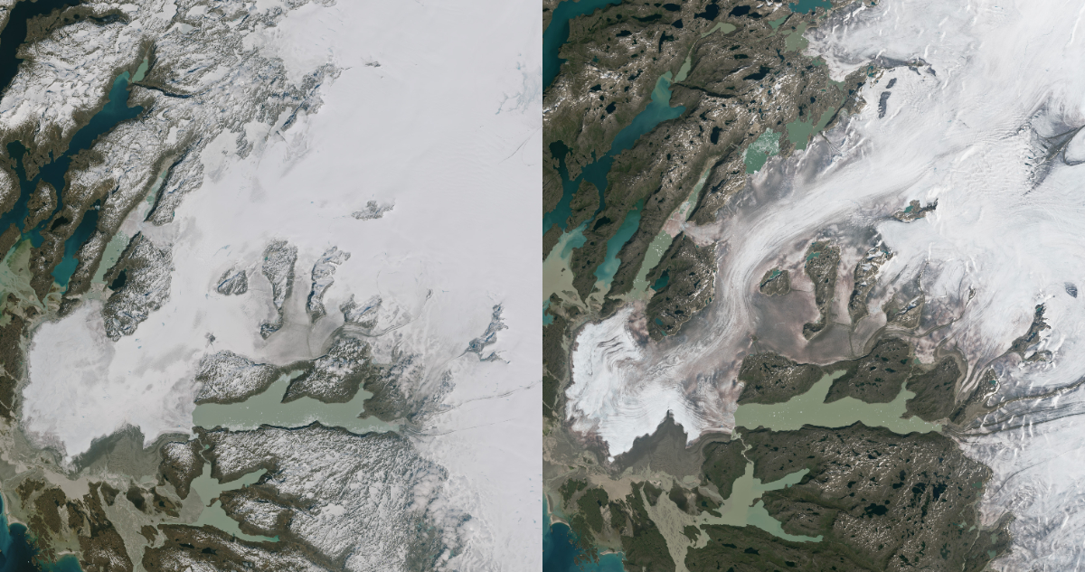 La NASA mostró la capa de hielo de Groenlandia antes y después del mes más caluroso de la historia