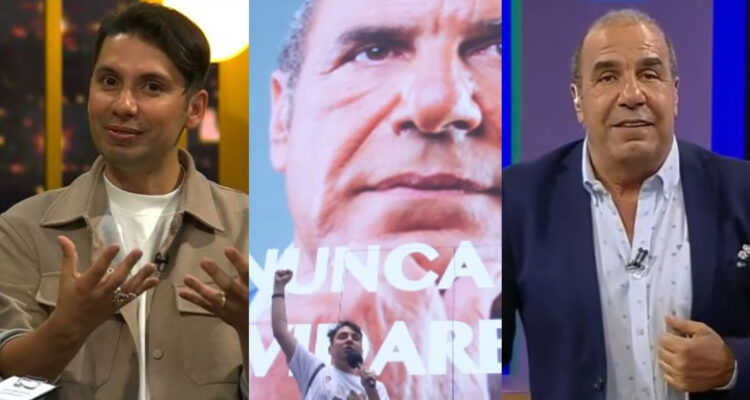 Fabrizio Copano en Podemos Hablar. A su lado, La vez que proyctó la foto de Checho Hirane y el humorista en su extinto programa Café Cargado.