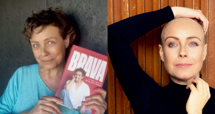 Claudia Conserva con su libro (izquierda) y durante su tratamiento contra el cáncer (derecha)