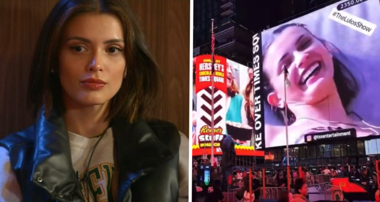 Coni Capelli en Gran Hermano (izquierda) y captura de video donde se ve a la participante en Time Square (derecha)