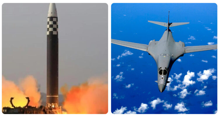 Misil balístico de Corea del Norte (i) y un avión B-2 (d)