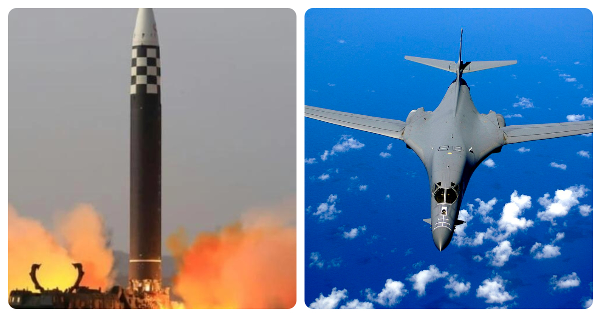Misil balístico de Corea del Norte (i) y un avión B-2 (d)
