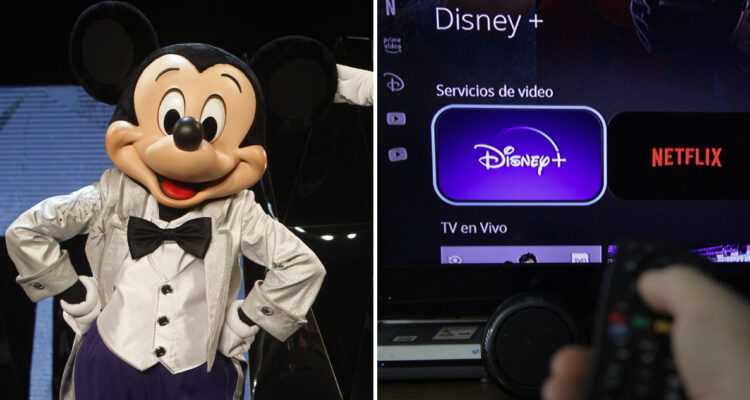 Un corpóreo de Mickey a la izquierda, a la derecha un control de tv apuntando a la app de DisneyPlus