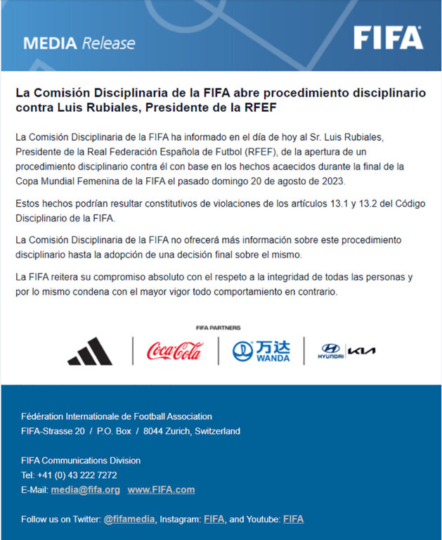 FIFA abre procedimiento disciplinario contra Luis Rubiales.