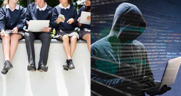 Alumnos estudiando (izquierda) y hacker (derecha) en referencia a alumnos que modificaron fotos de compañeras con IA