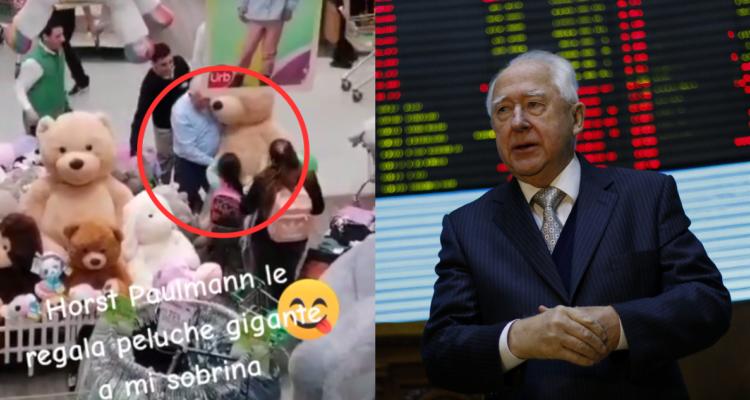 Captura de tiktok (izquierda) donde se ve a Horst Paulmann (derecha) entregar peluche gigante a hija de cliente