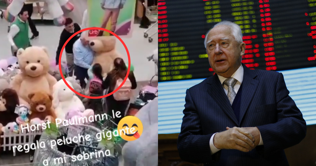 Captura de tiktok (izquierda) donde se ve a Horst Paulmann (derecha) entregar peluche gigante a hija de cliente
