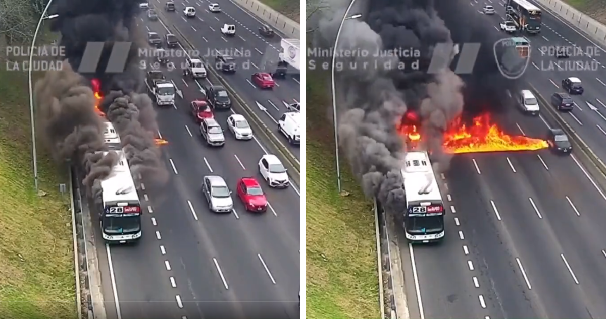 Capturas de incendio de bus en autopista en Argentina