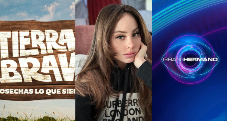 Logo de Tierra brava (izquierda), Ignacia Michelson (centro) y Logo de Gran Hermano (derecha)