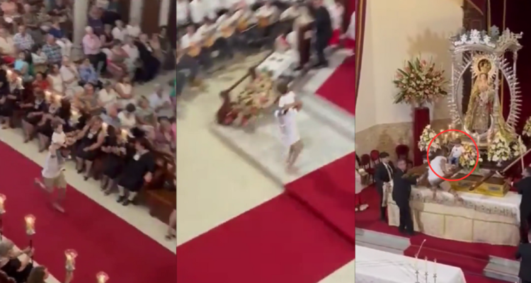 Capturas de video viral donde sujeto lleva a niño hasta un altar en España