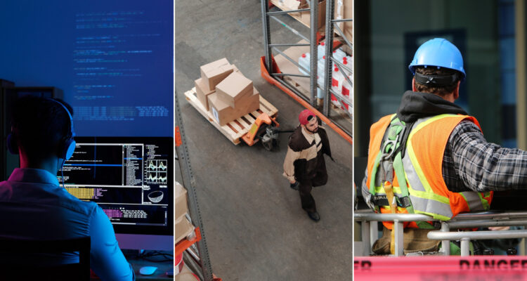 Un informático, una persona en una bodega y un trabajador de la construcción
