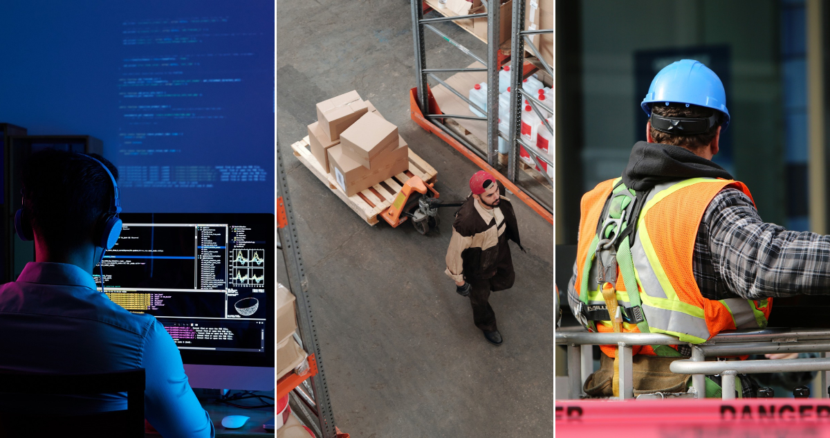 Un informático, una persona en una bodega y un trabajador de la construcción