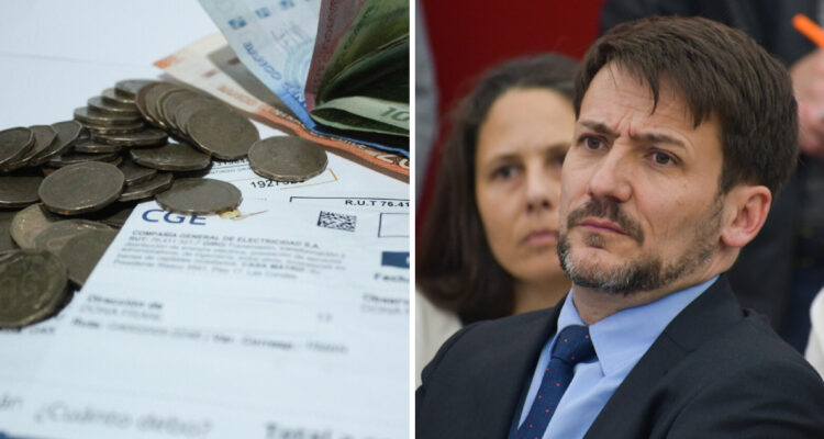 Una cuenta de luz con billetes y monedas, y una foto del ministro de Energía, Diego Pardow