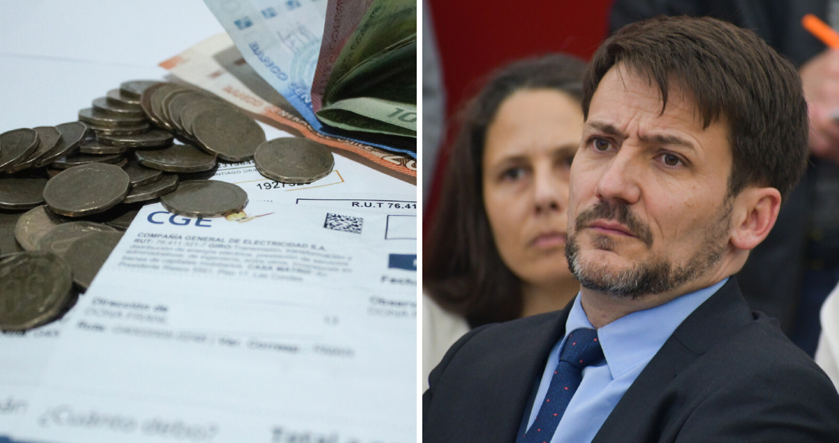 Una cuenta de luz con billetes y monedas, y una foto del ministro de Energía, Diego Pardow