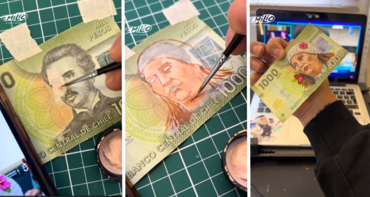 Capturas de video de TikTok de artista que pintó a pincoya en billete de mil pesos