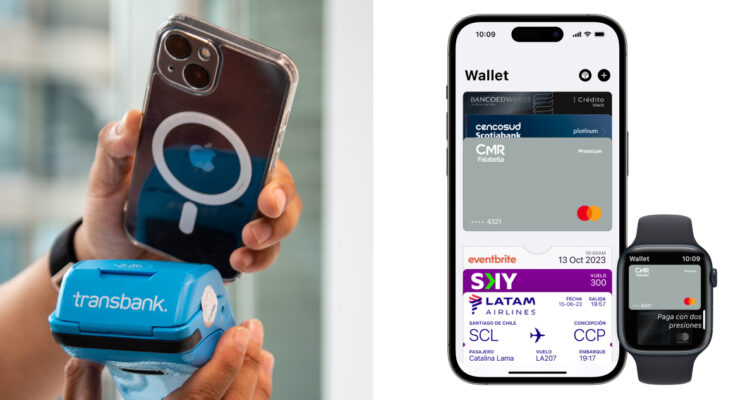 Un celular iPhone a punto de pagar en una máquina Transbank, a la derecha, una gráfica de apple sobre la wallet