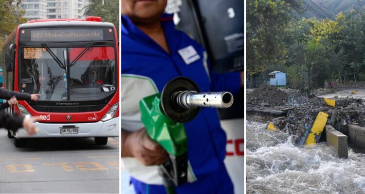 Un bus del sistema RED, un hombre con un surtidor de combustible y un río después las lluvias