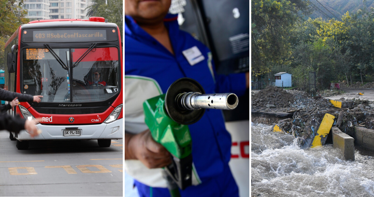 Un bus del sistema RED, un hombre con un surtidor de combustible y un río después las lluvias