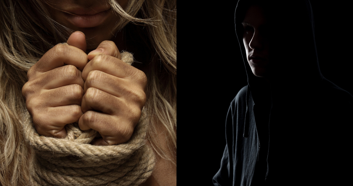 Mujer secuestrada (izquierda) y hombre vestido de negro como secuestrador (derecha) en referencia a hombre detenido en Francia por secuestro y tortura tras mantener encerrada en una habitación a su esposa por 12 años