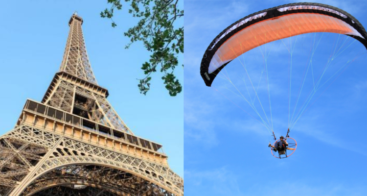 Torre Eiffel (izquierda) y un paracaidista (derecha)