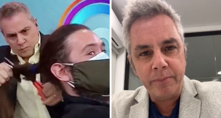 José Miguel Viñuela y momento en qué cortó el cabello a camarógrafo (izquierda) y el animador en un reciente video cargado a su instagram (derecha)