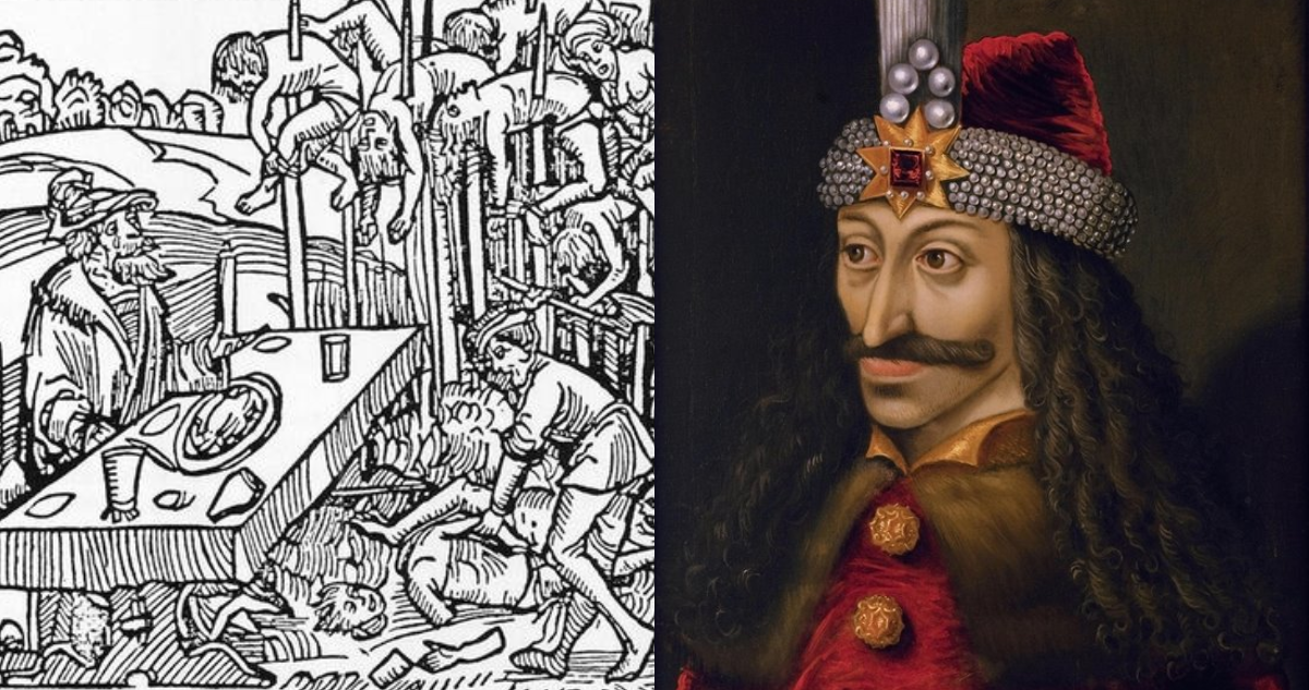 Ilustración de las empalaciones del principe Vlad (izquierda) y una pintura del príncipe que inspiró el personaje de Drácula (derecha)