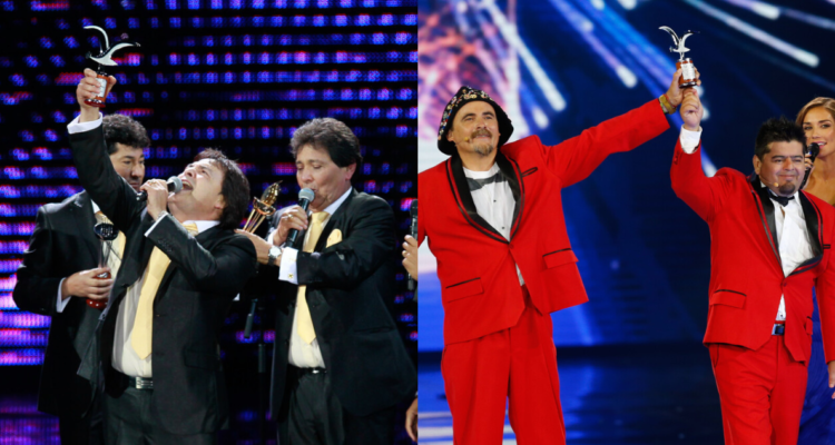 Atletas de la risa (izquierda) y Dinamita Show (derecha) en sus respectivas presentaciones en Viña