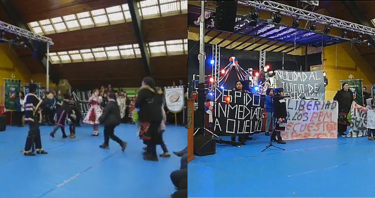 Mujeres mapuche irrumpen con niños y palos en acto de Fiestas Patrias en gimnasio municipal de Ercilla
