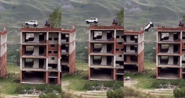 Capturas de video de doble de riesgo ruso que intentó cruzar dos edificios en auto