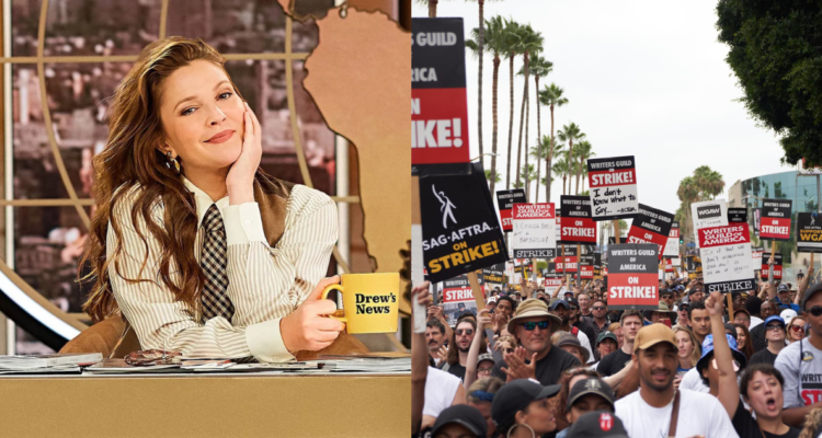 Drew Barrymore en su show (izquierda) y captura de las manifestaciones de la huelga de actores