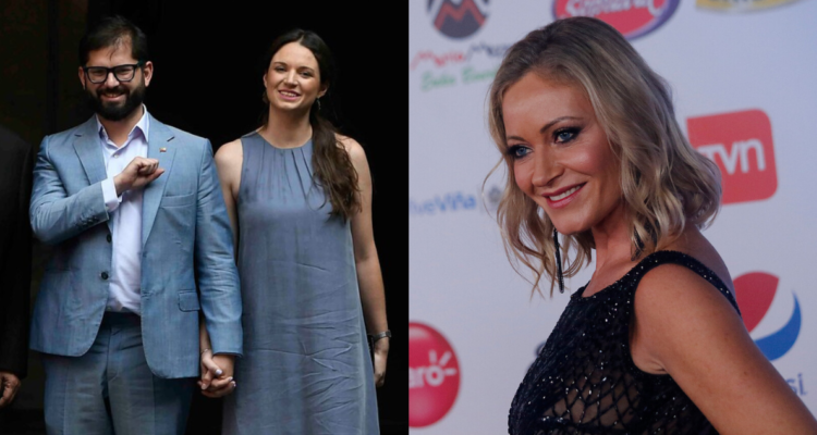 Irina Karamanos, pareja de Gabriel Boric junto al presidente (izquierda) y Marcela Vacarezza en la gala de Viña (derecha)