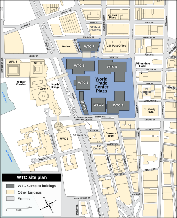 Mapa del World Trade Center antes del derrumbe de las Torres Gemelas y el 7WTC