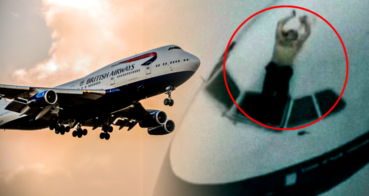 Recreación de imagen de piloto de avión succionado tras caída de parabrisas en vuelo: tripulantes lo sujetaban de los pies