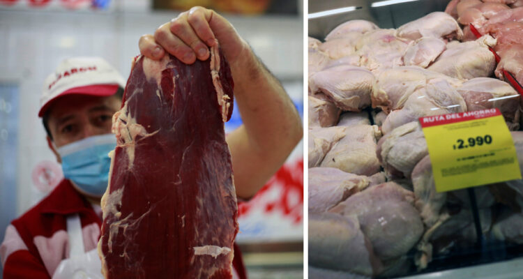 Un hombre sosteniendo un pedazo de carne, y una vitrina de supermercado con trozos de pollo