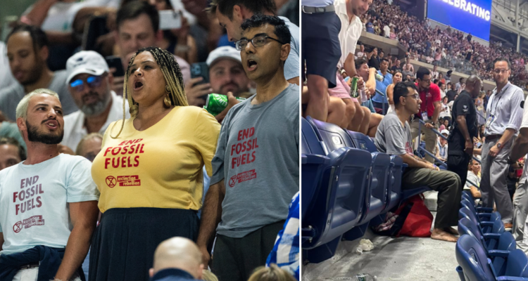 La insólita protesta que finalizó con un manifestante pegando sus pies al piso en el US Open.