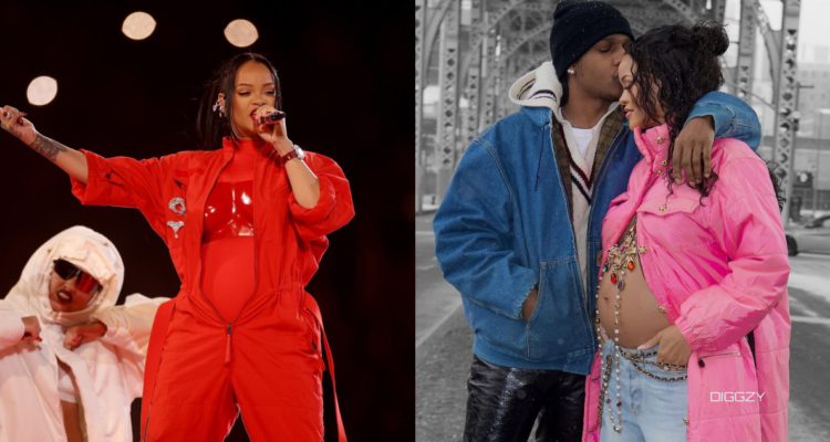 Rihanna en el Super Bowl (izquierda) y la cantante junto a su pareja Asap Rocky (derecha)