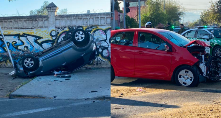 Vehículo termina volcado tras colisión en Santiago: ocupantes del otro automóvil se dieron a la fuga