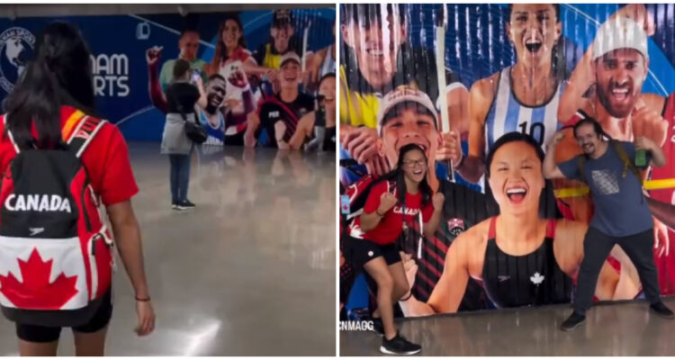atleta canadiense emocionada por verse en Metro de Santiago con fanático