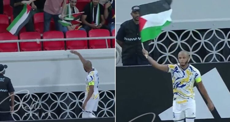 Yacine Brahimi y su festejo con la bandera de Palestina