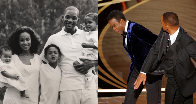 Jada Pinckett Smith junto a Will Smith (izquierda) y cacheta a Chris Rock (derecha)