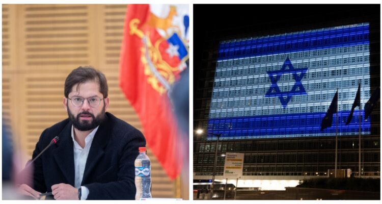 Una fotografía del presidente Gabriel Boric, y otra de una bandera israelí.