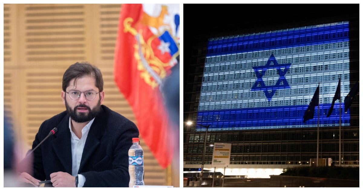 Una fotografía del presidente Gabriel Boric, y otra de una bandera israelí.