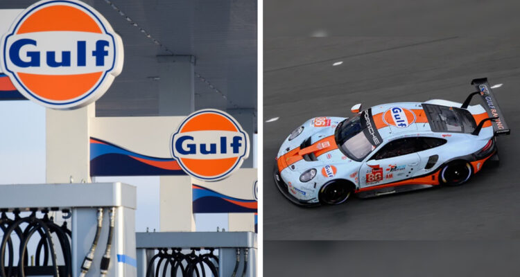 Surtidores de gas Gulf y porsche con colores celeste y naranja, típicos de gulf