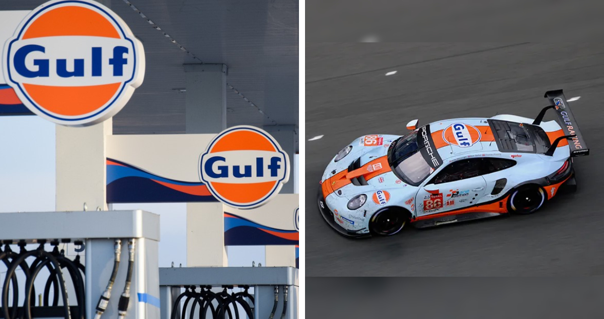Surtidores de gas Gulf y porsche con colores celeste y naranja, típicos de gulf