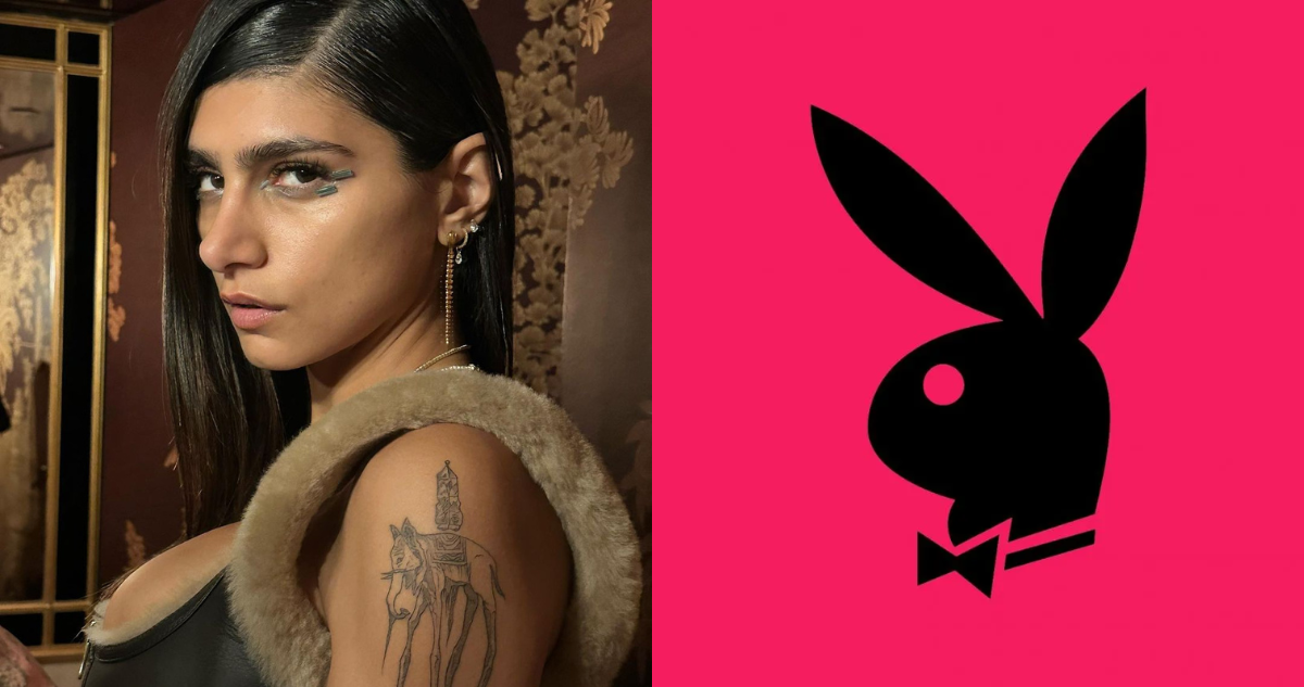 Mia Khalifa (izquierda) y el logo de Playboy (derecha)