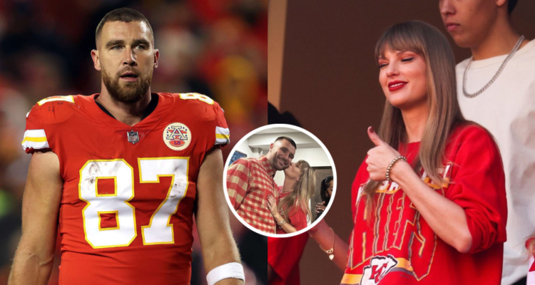 Travis Kelce (izquierda) y Taylor Swift (derecha) en juego de los Chiefs