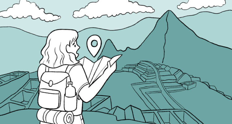 Joven con un mapa observa Machu Picchu