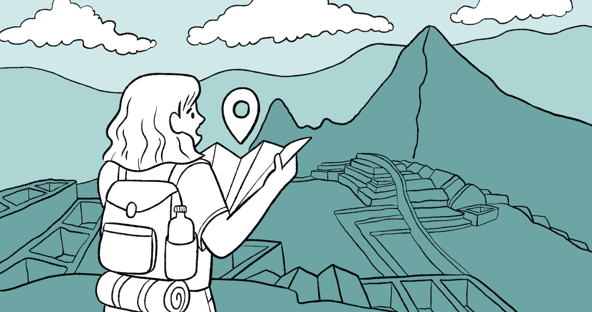 Joven con un mapa observa Machu Picchu